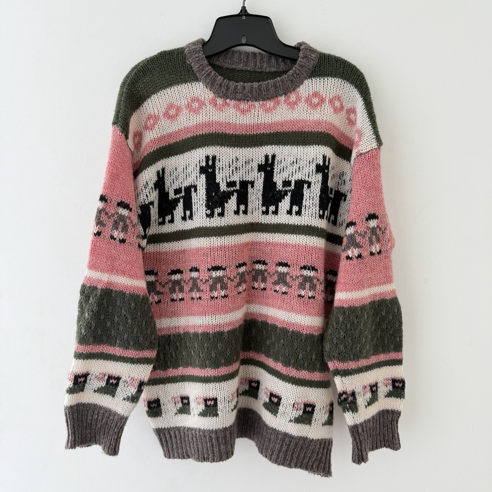 Llama Fair Isle Sweater Womens Pink Green‎ Whimsical Cozy Knit L Boho Indie